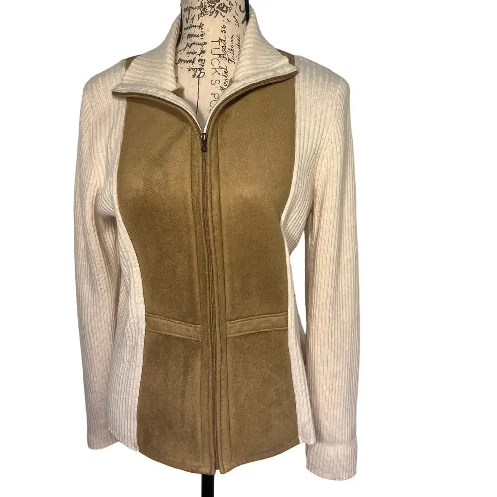 Liz Claiborne Angora Wool Faux Suede Bodice Sweater Jacket Shacket Womens L Tan
